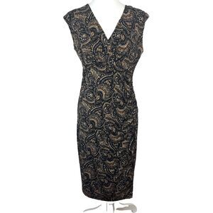 Womens Wrap Sheath Dress Sz 10 Paisley Ruched Neutral Career Party Wedding Guest